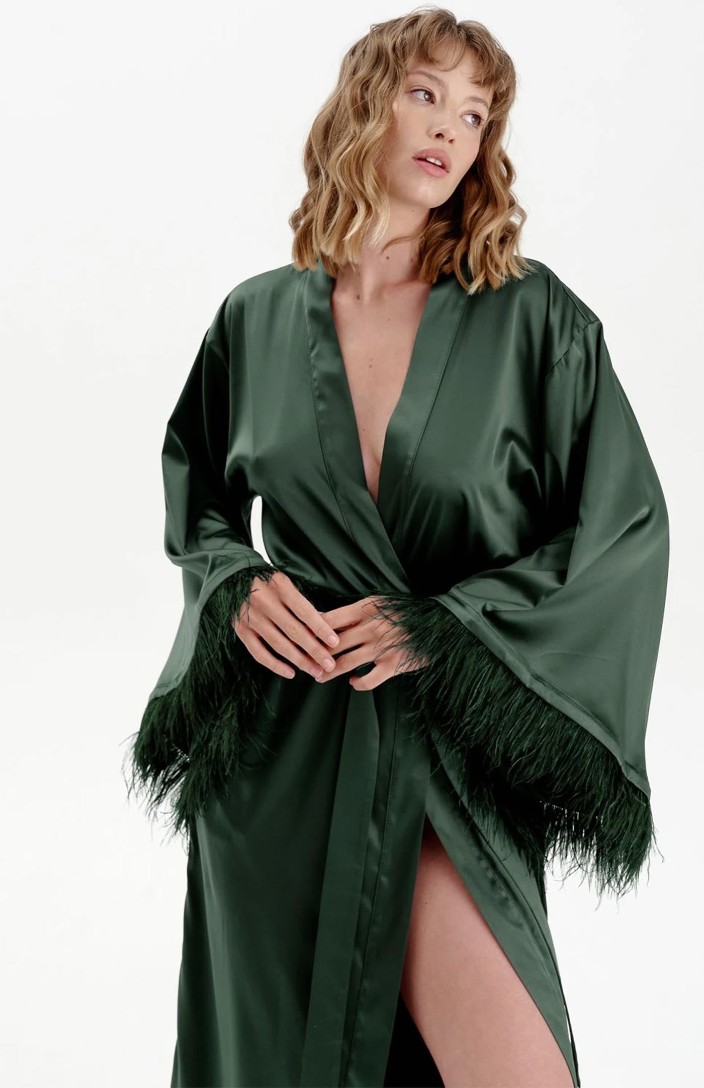 Khloe | Green Feather Robe - Wedding Collection