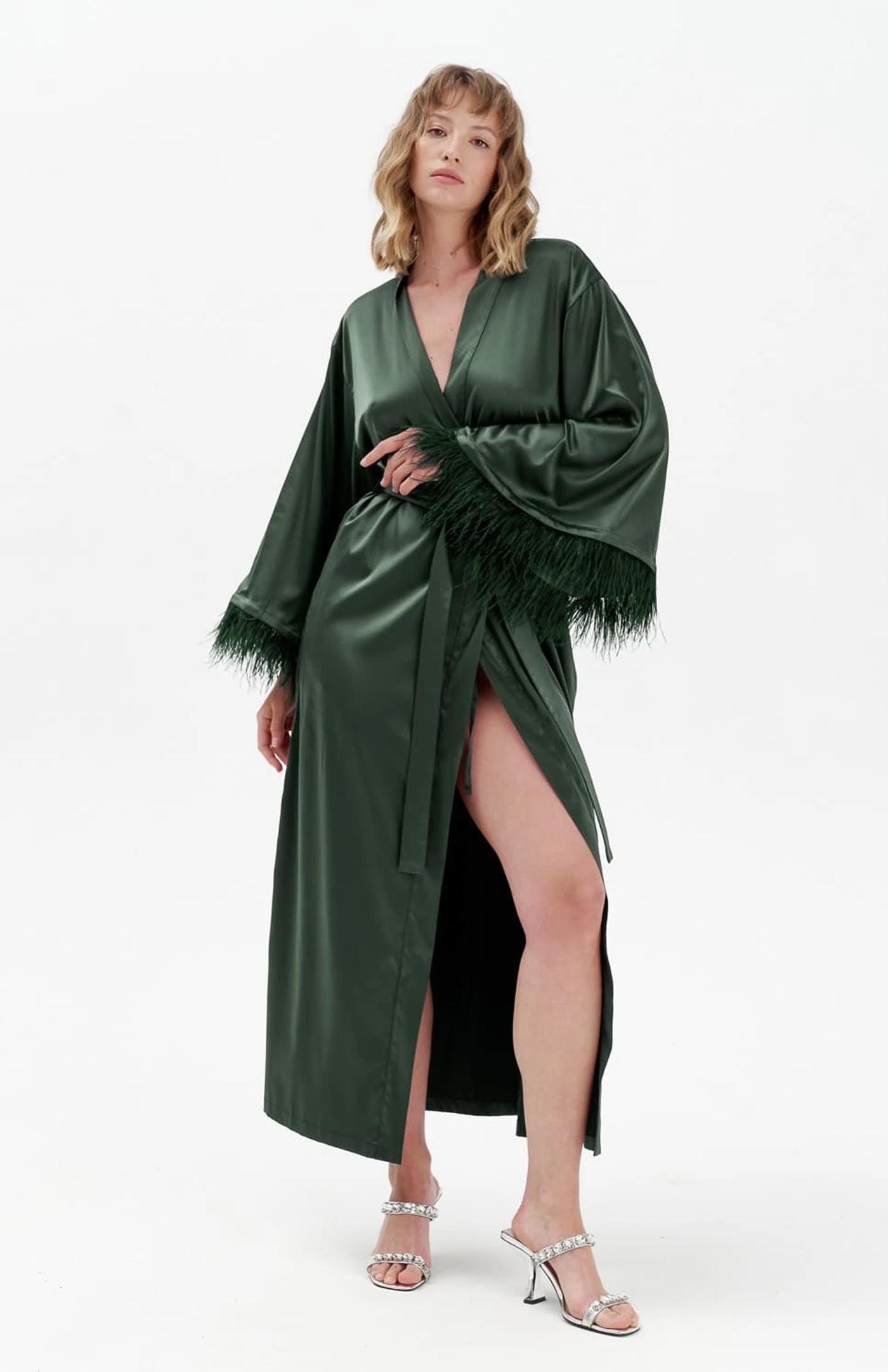 Khloe | Green Feather Robe - Wedding Collection