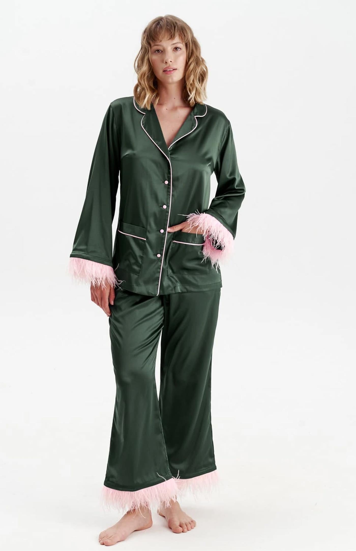 Pink Martini | Green & Pink Feather Bridal Loungewear