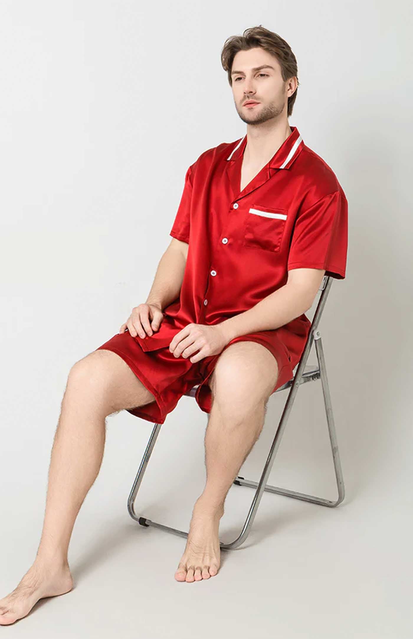 Red Dominion | Red Satin Shirt & Shorts Set for Men