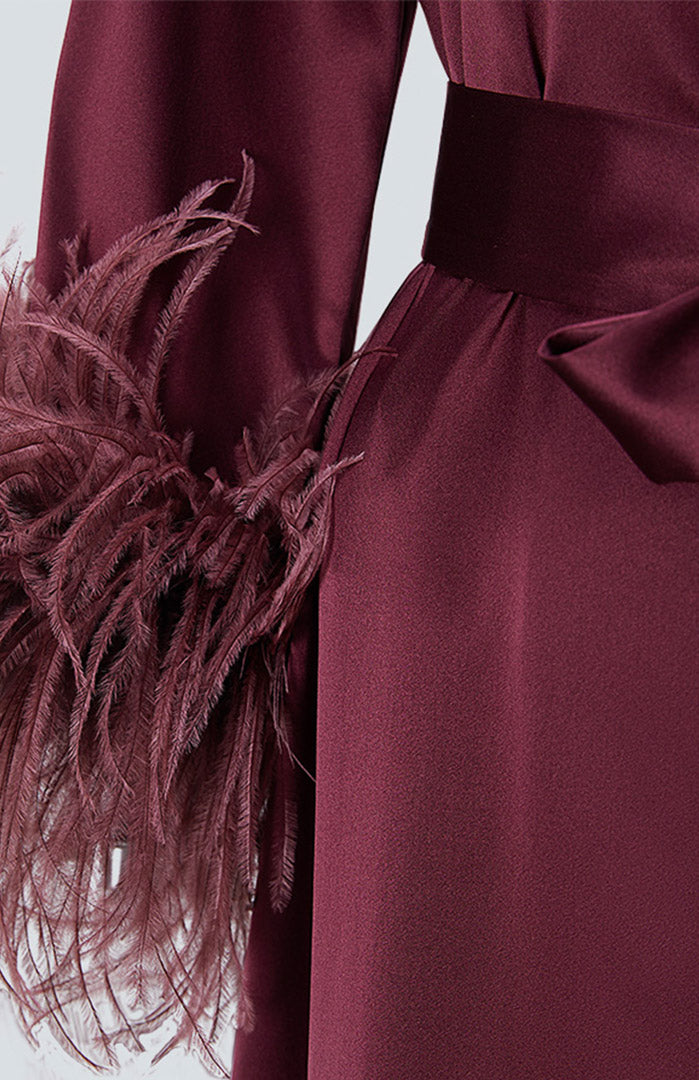 Scarlet Elegance | Satin Feather-Trim Robe
