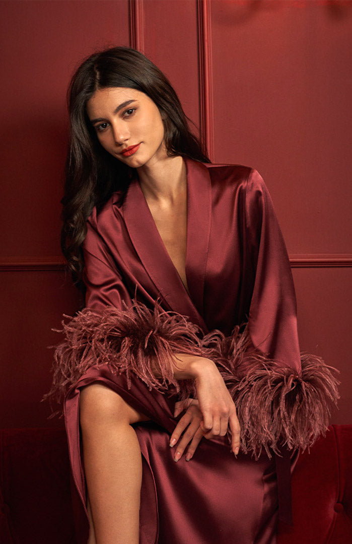 Scarlet Elegance | Satin Feather-Trim Robe