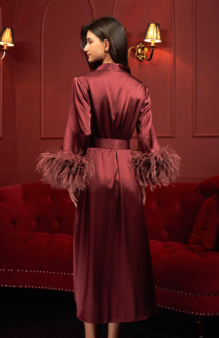 Scarlet Elegance | Satin Feather-Trim Robe
