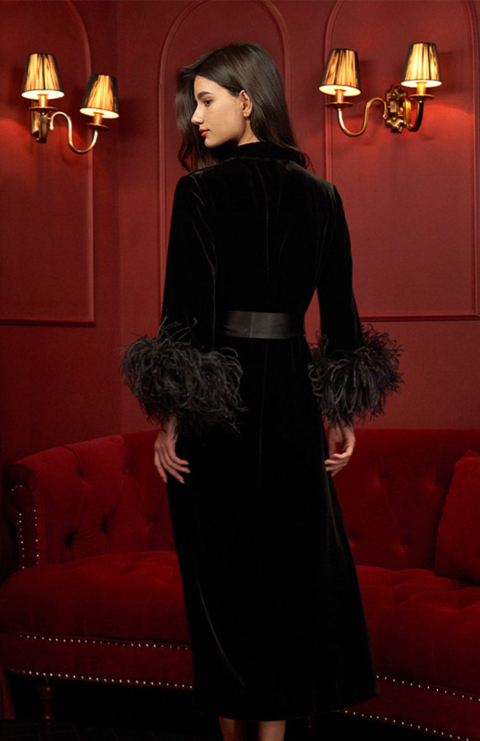 Midnight Noir | Ultra-Luxury Black Satin Robe with Ostrich Feathers