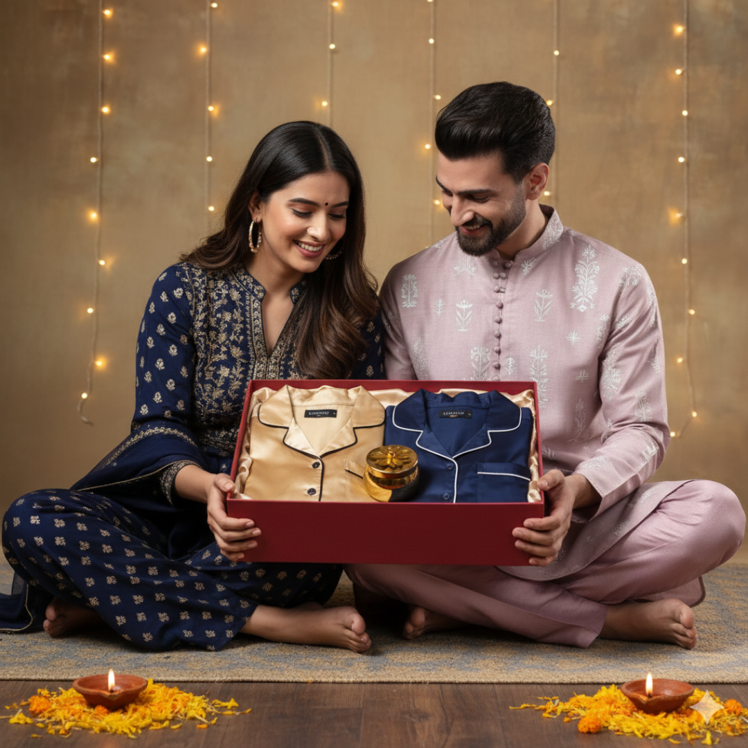 Diwali Gift Box For Couples in Japanese Satin | Premium Satin Loungewear & Candle Set