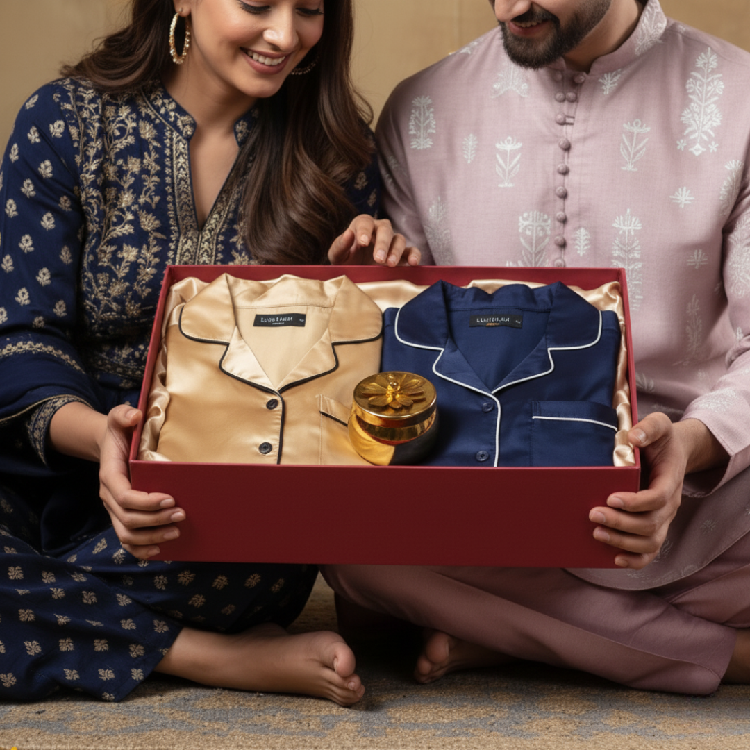 Diwali Gift Box For Couples in Japanese Satin | Premium Satin Loungewear & Candle Set