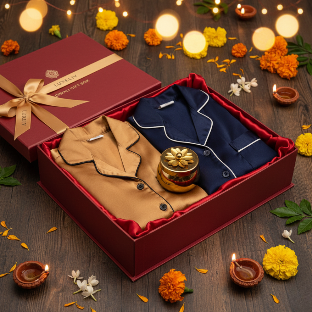 Diwali Gift Box For Couples in Armani Satin | Premium Satin Loungewear & Candle Set