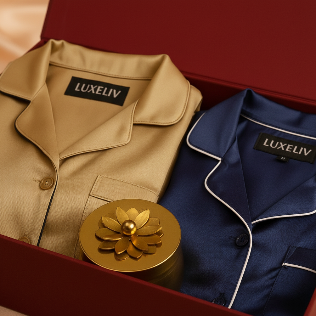 Diwali Gift Box For Couples in Armani Satin | Premium Satin Loungewear & Candle Set
