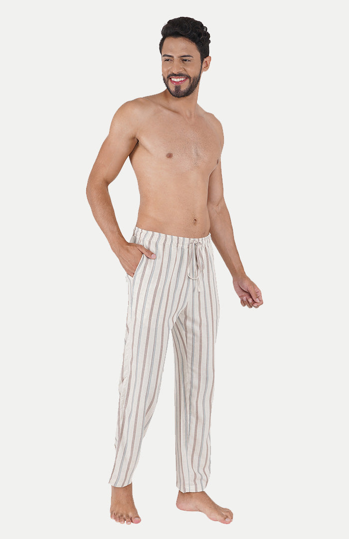 Serene Beige | Striped Lounge Wear Set | Linen-Cotton