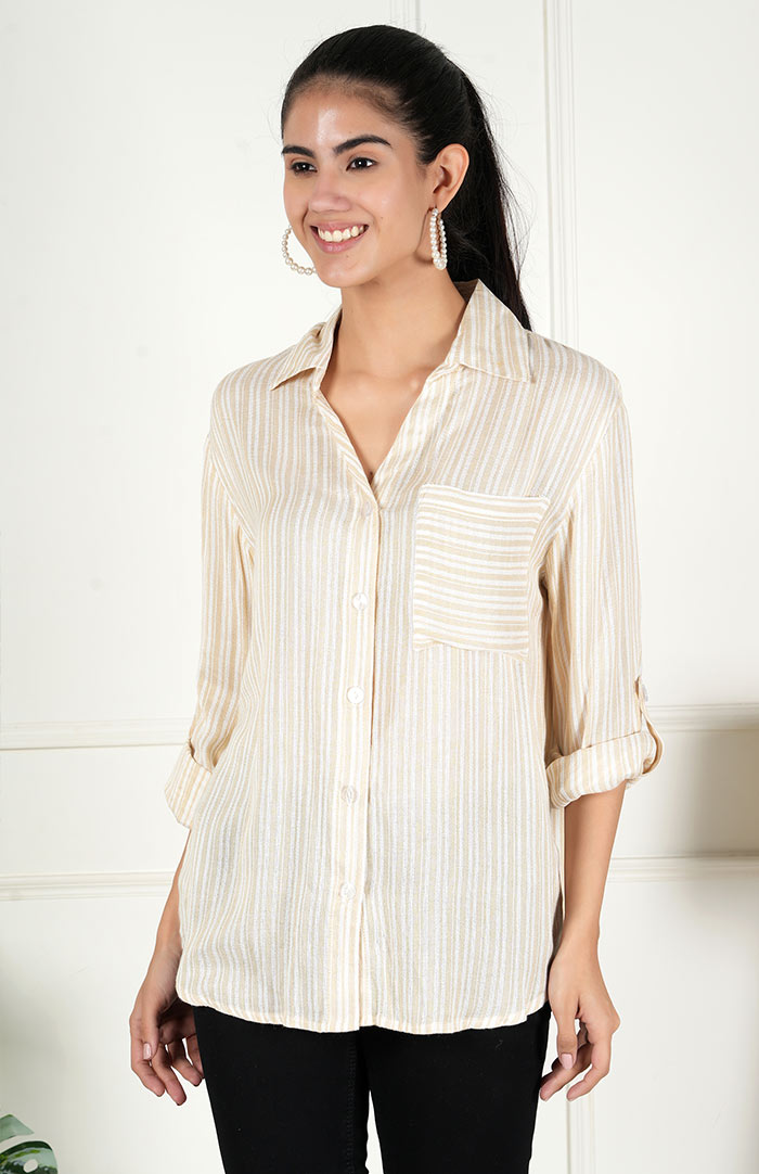 Beige Striped Casual Long Sleeve Stylish V-Neck Shirts with Pocket