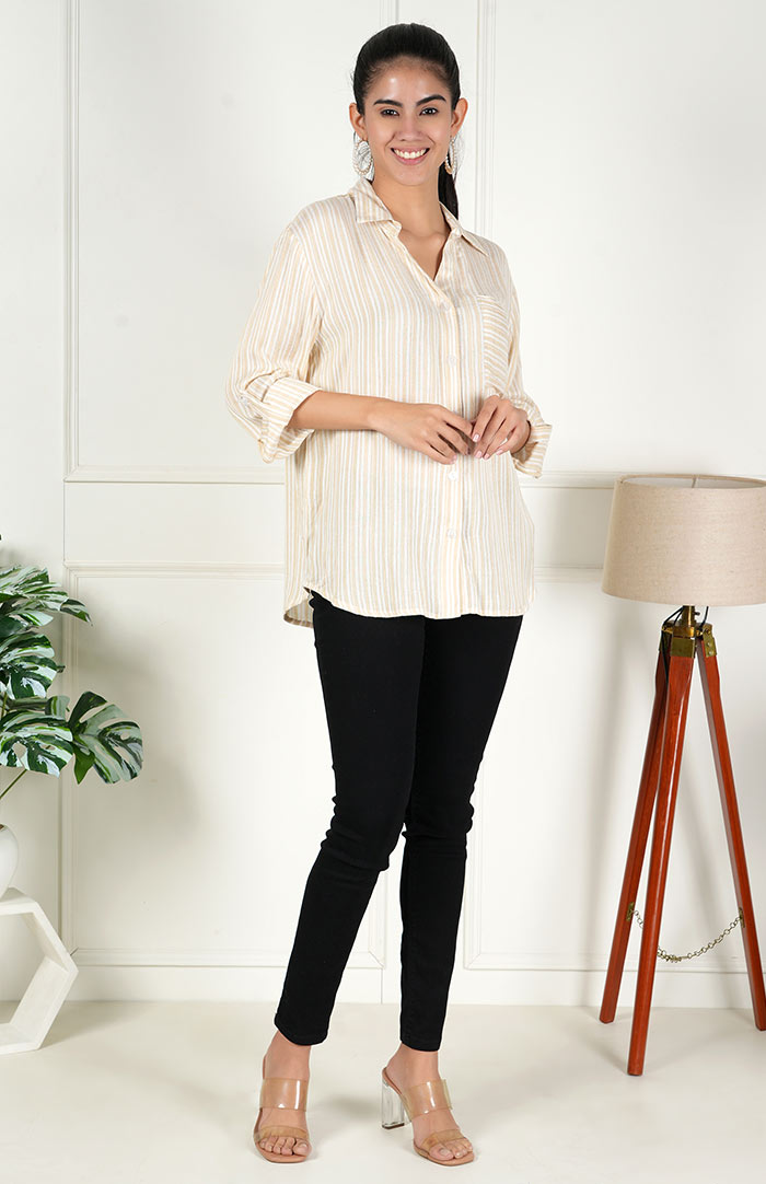 Beige Striped Casual Long Sleeve Stylish V-Neck Shirts with Pocket