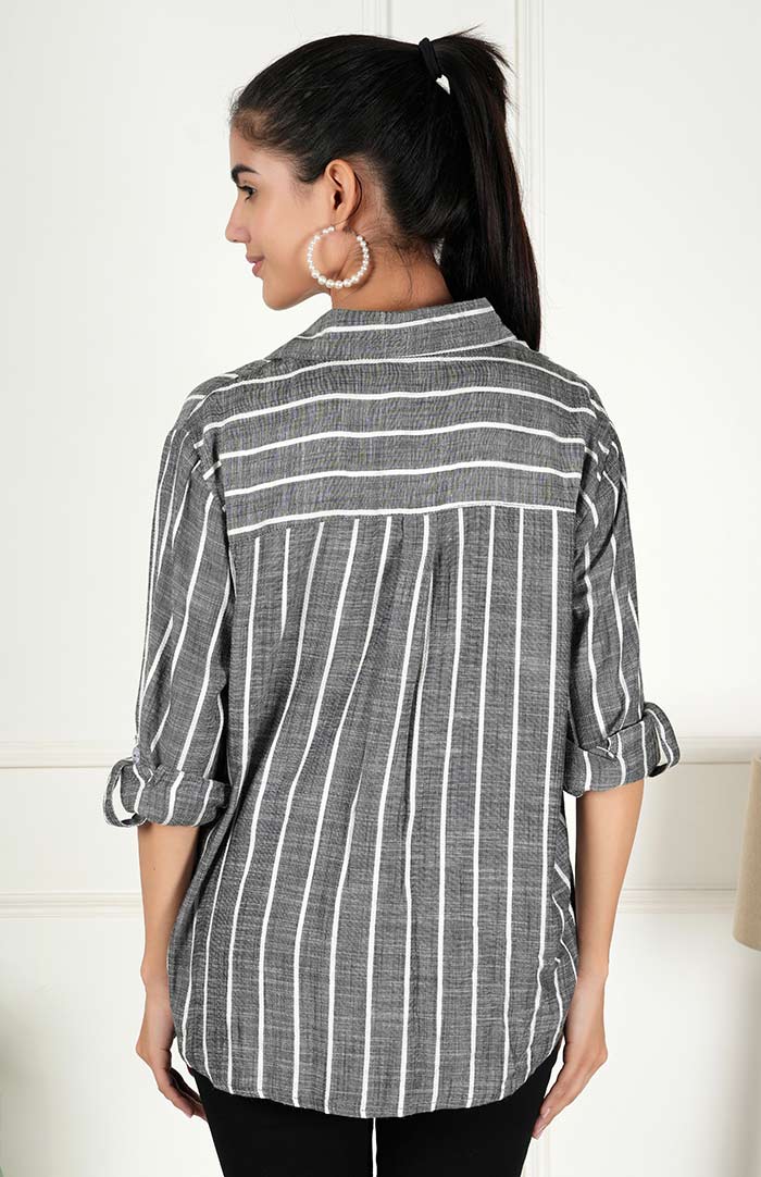 Black Striped Casual Long Sleeve Stylish V-Neck Shirts with Pocket