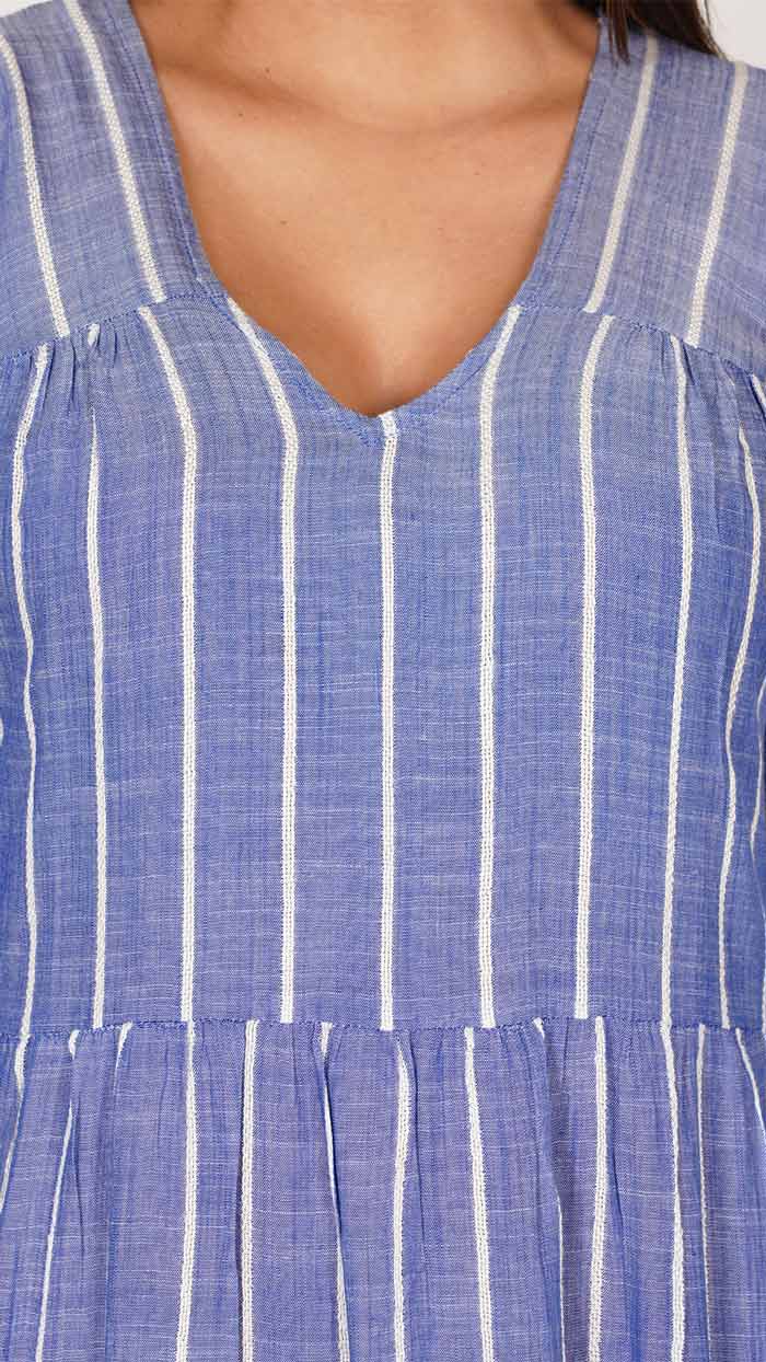 Blue-and-White-Striped-V-Neck-Regular-Fit-Short-Dress