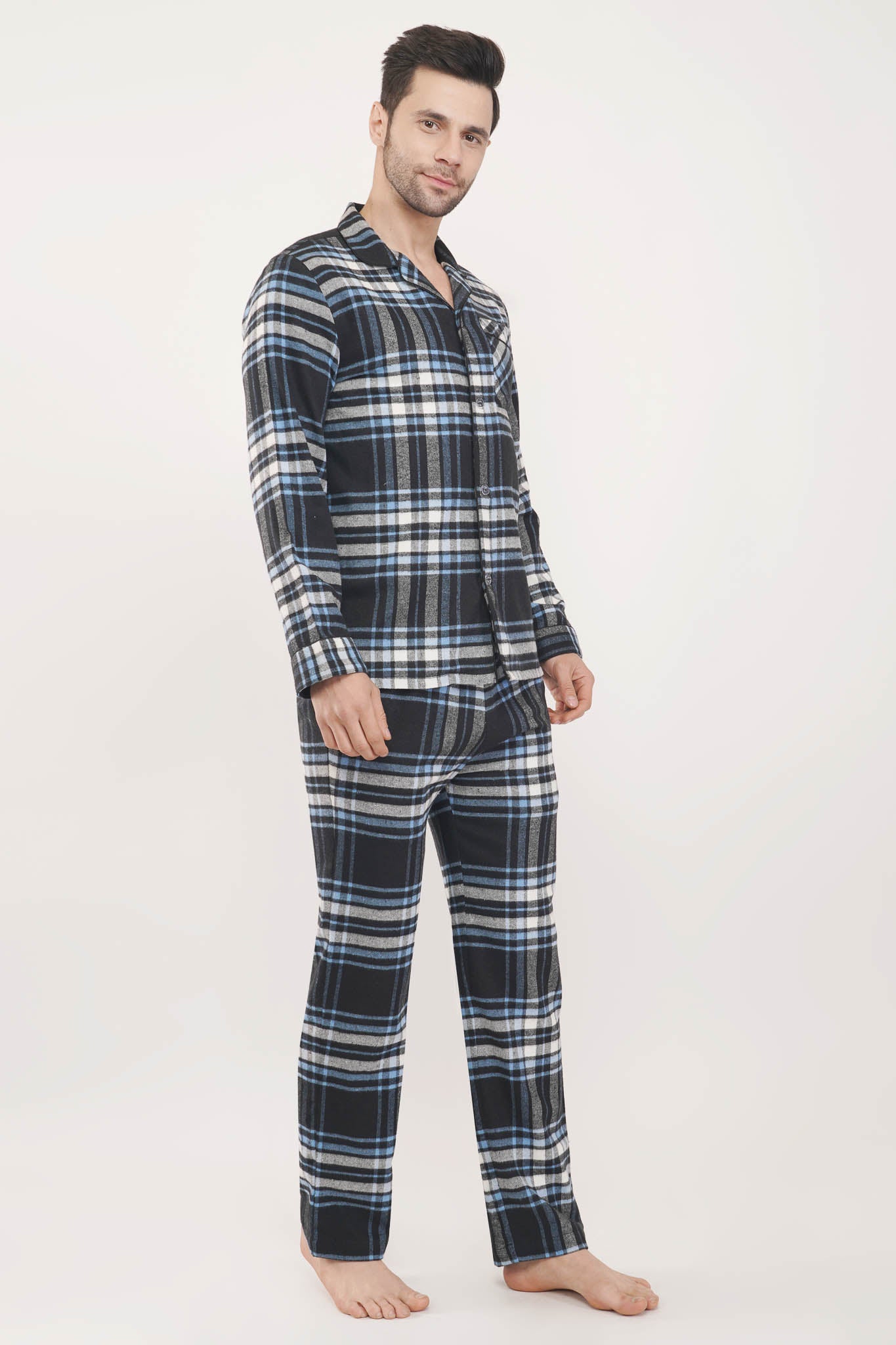 Regal Renaissance | Black & Blue Oxford Checks Loungewear Set-Luxeliv Men