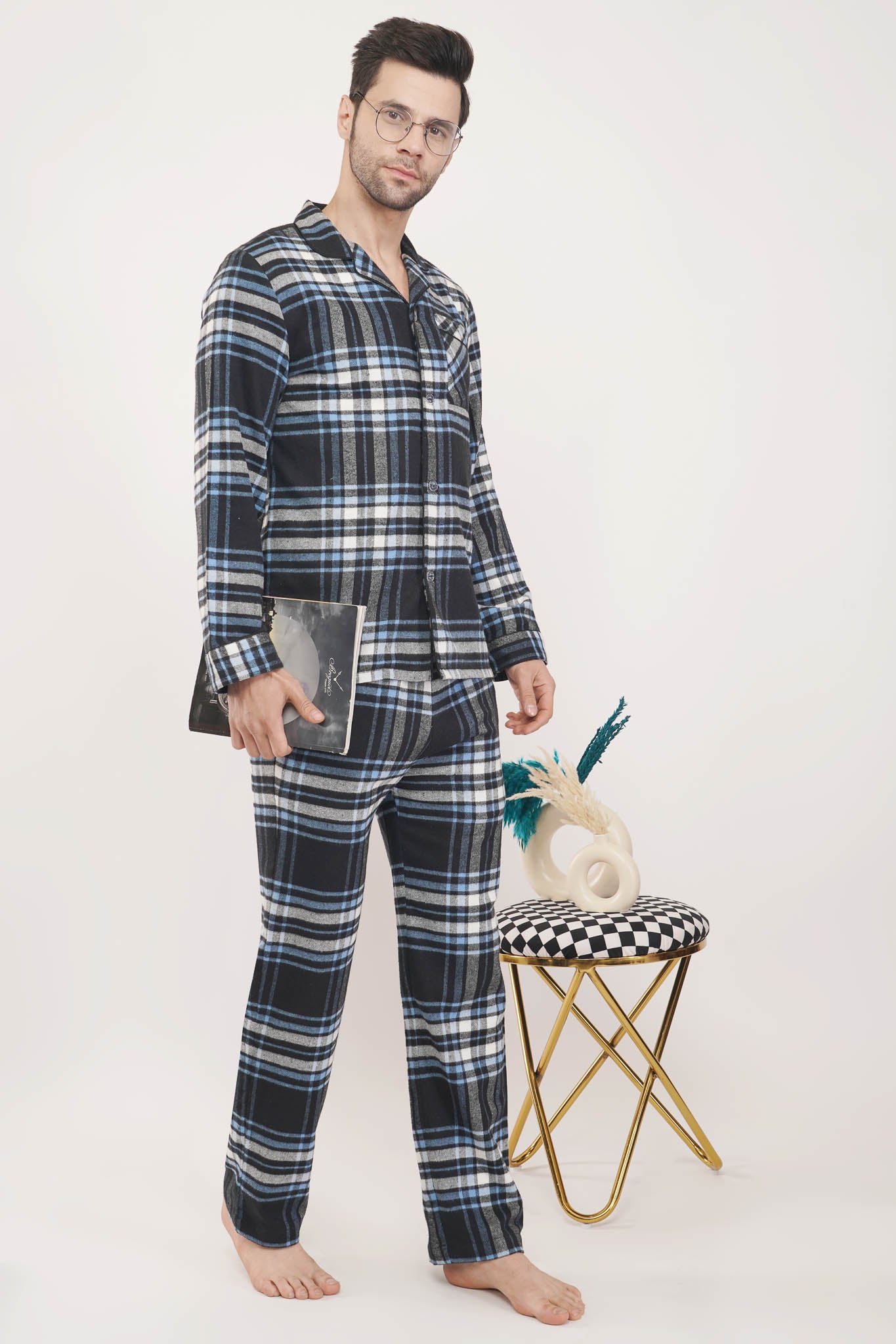 Regal Renaissance | Black & Blue Oxford Checks Loungewear Set-Luxeliv Men