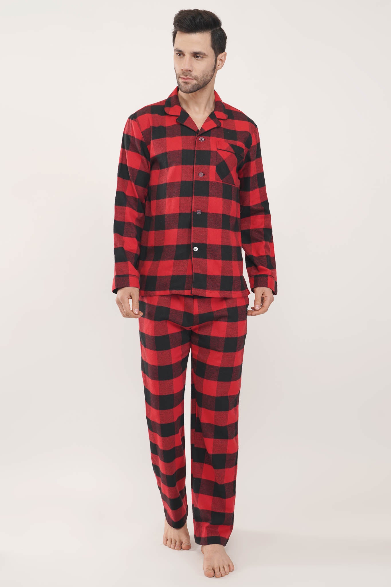 Prestige Red | Red & Black Oxford Checks Loungewear Set-LUXELIV MEN