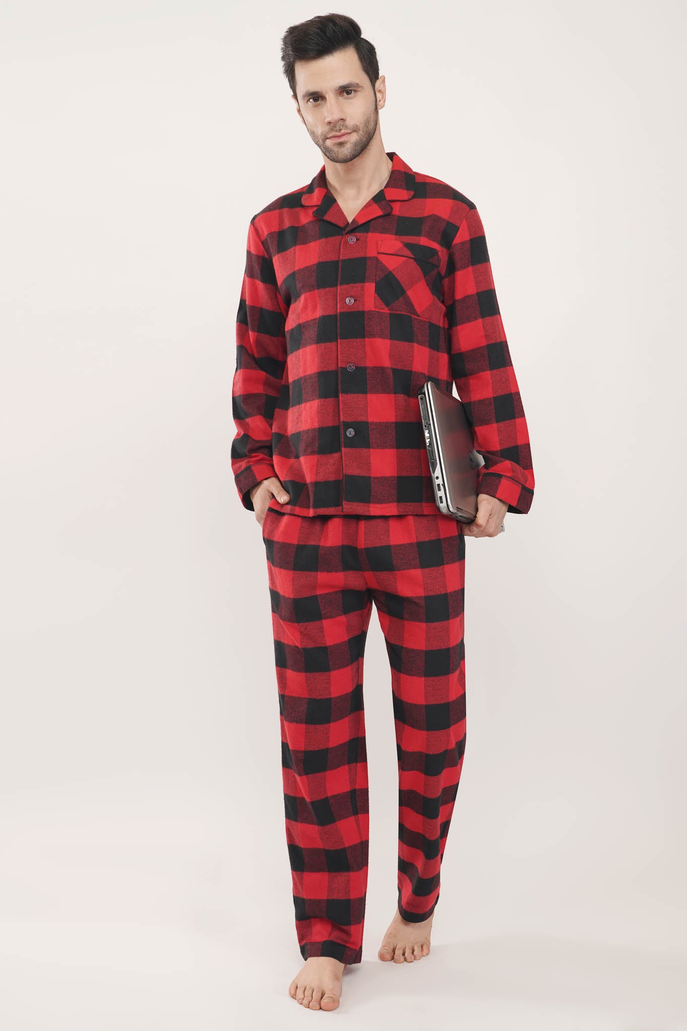 Prestige Red & Black Oxford Checks Loungewear Set for Men | Luxeliv
