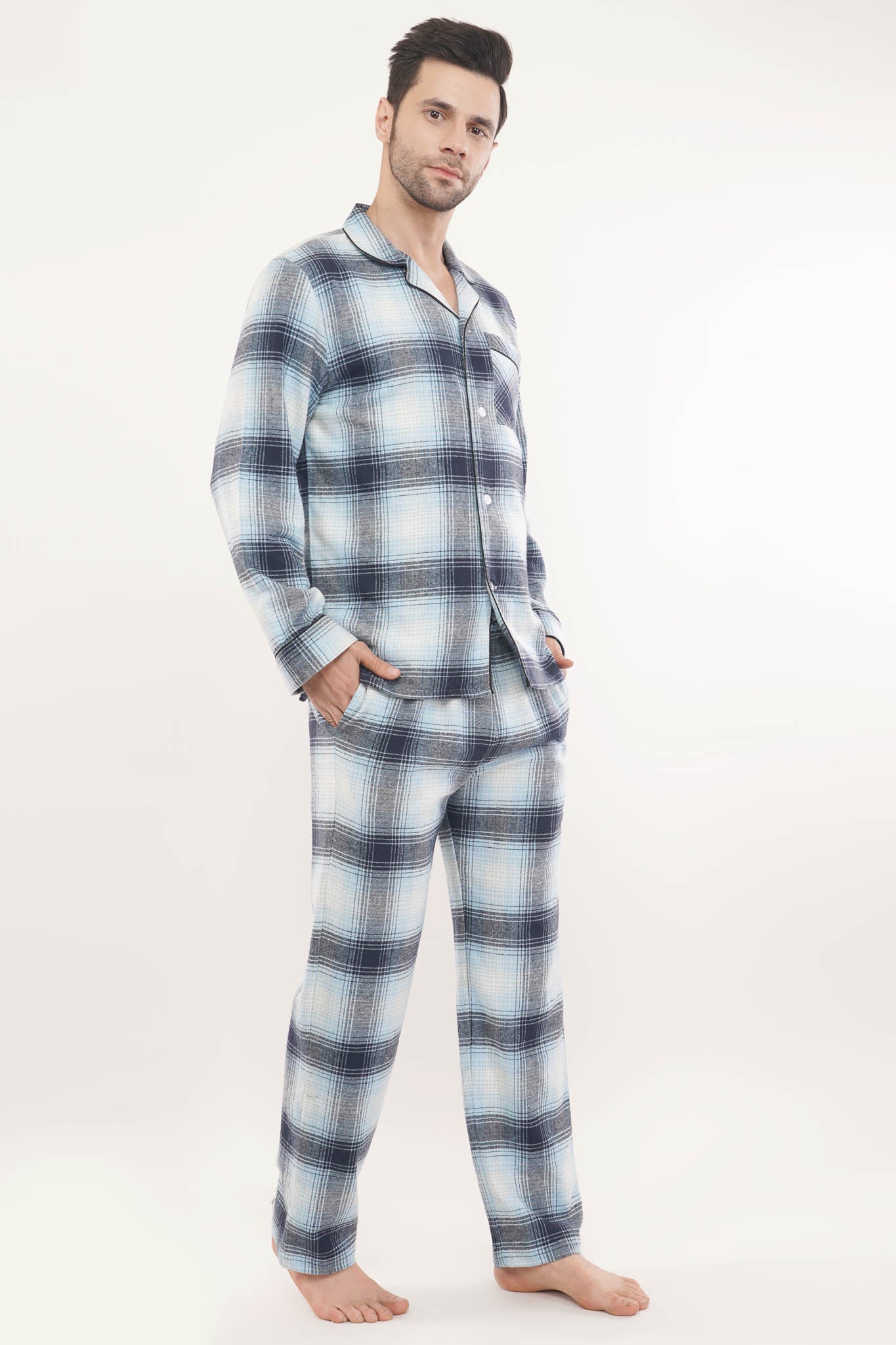 Blue Crest | Light Blue & White Oxford Checks Loungewear Set-Luxeliv men