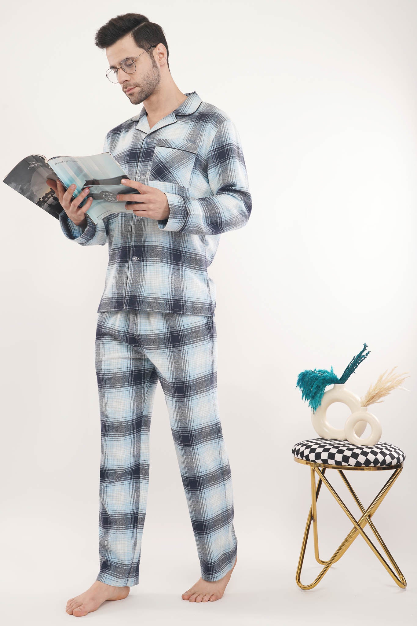 Blue Crest | Light Blue & White Oxford Checks Loungewear Set-Luxeliv men