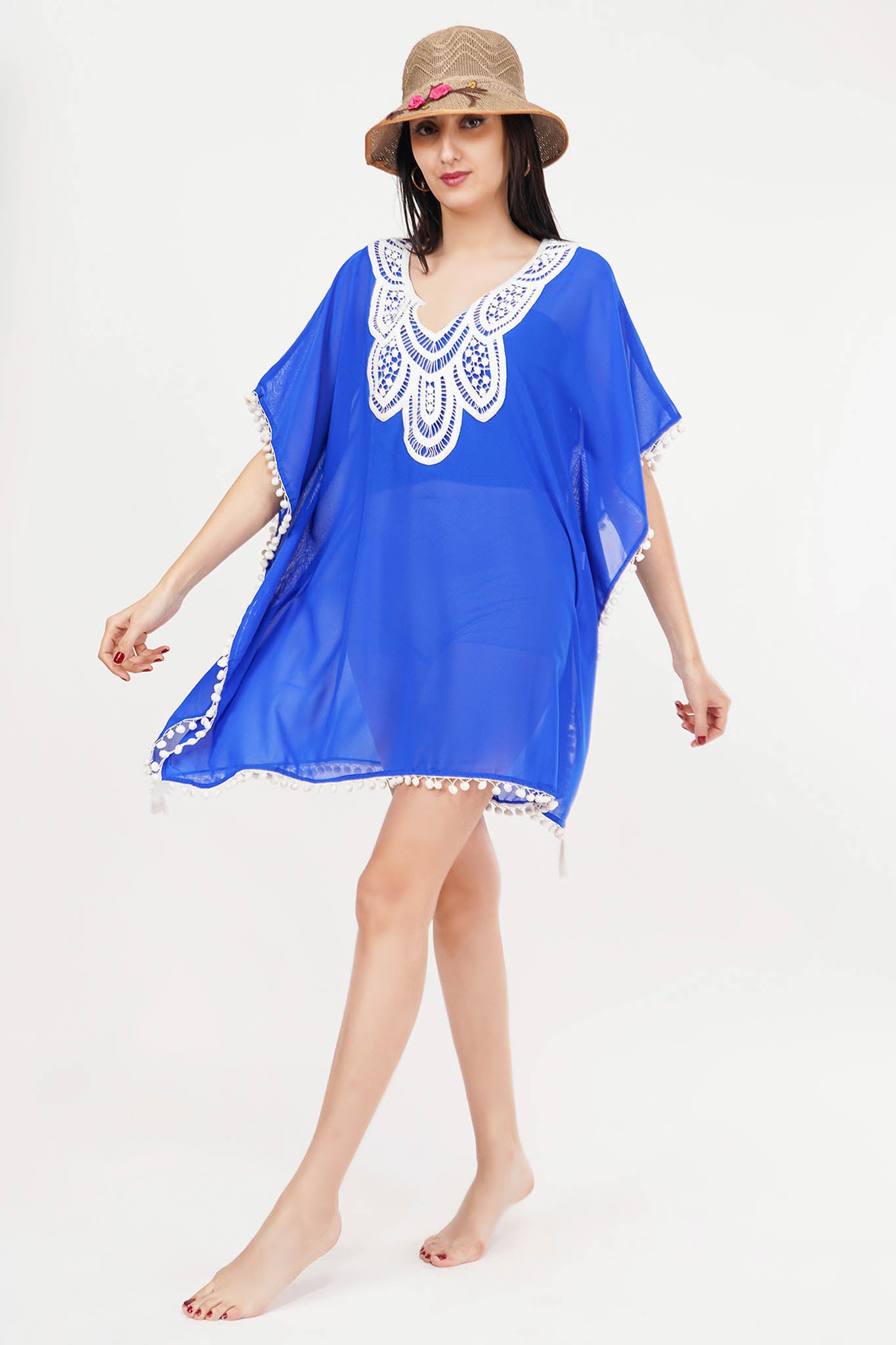 Blue Kaftan White Lace Swim Cover-Up Beach Dress