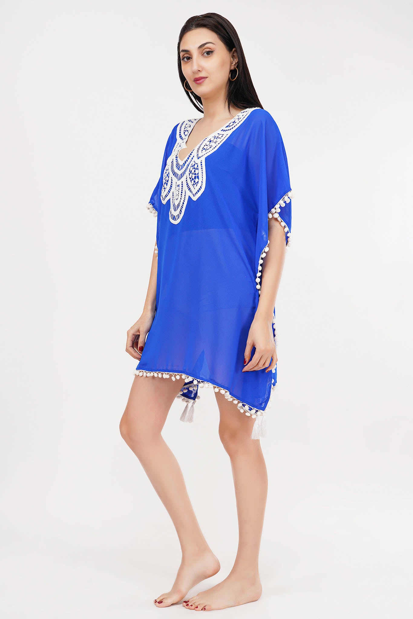 Blue Kaftan White Lace Swim Cover-Up Beach Dress