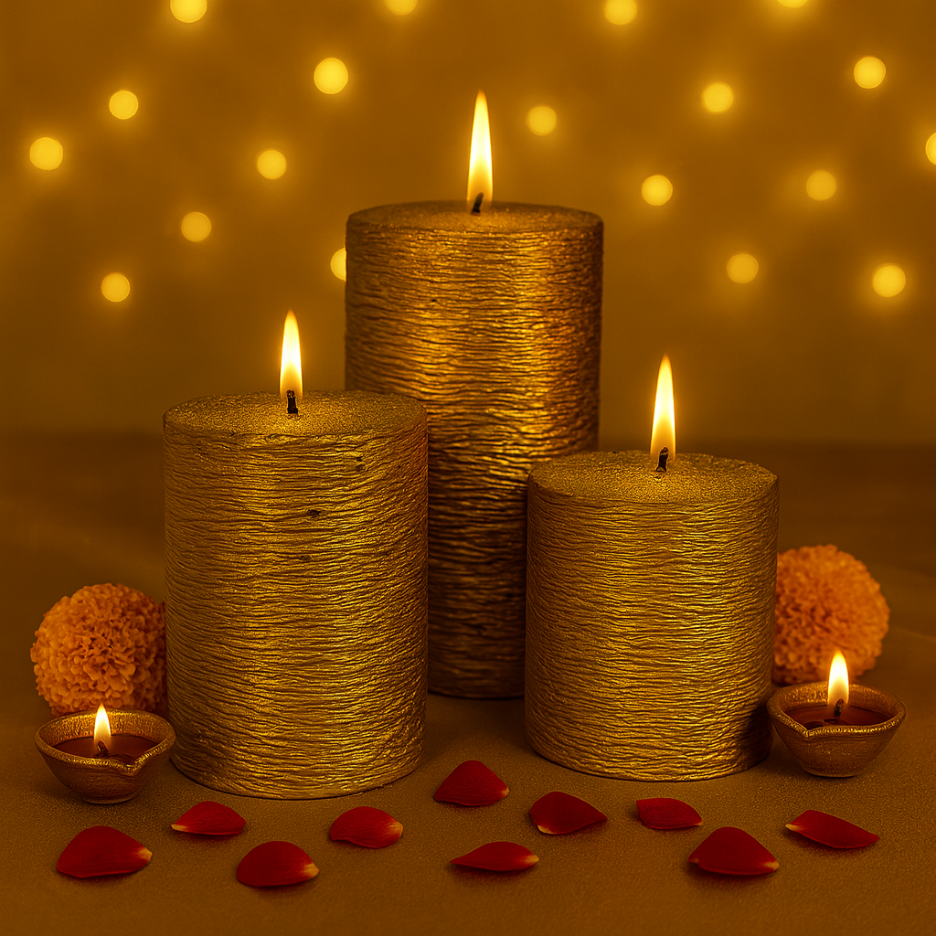 Regal Glow | Set of 3 Golden Textured Pillar Candles for Diwali & Festive Décor