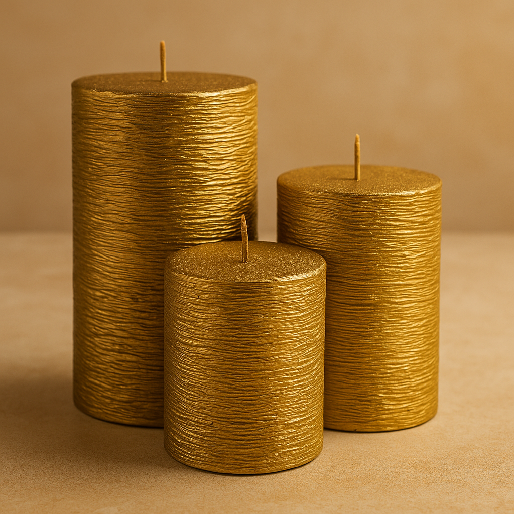 Regal Glow | Set of 3 Golden Textured Pillar Candles for Diwali & Festive Décor