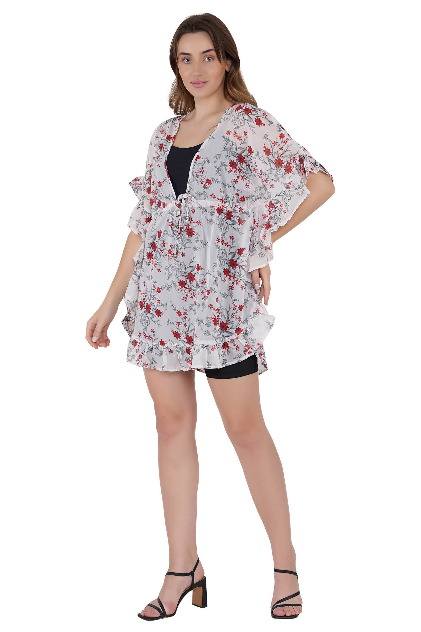 Red & White Floral Print Kaftan Swim Cover-Up Beach Dress