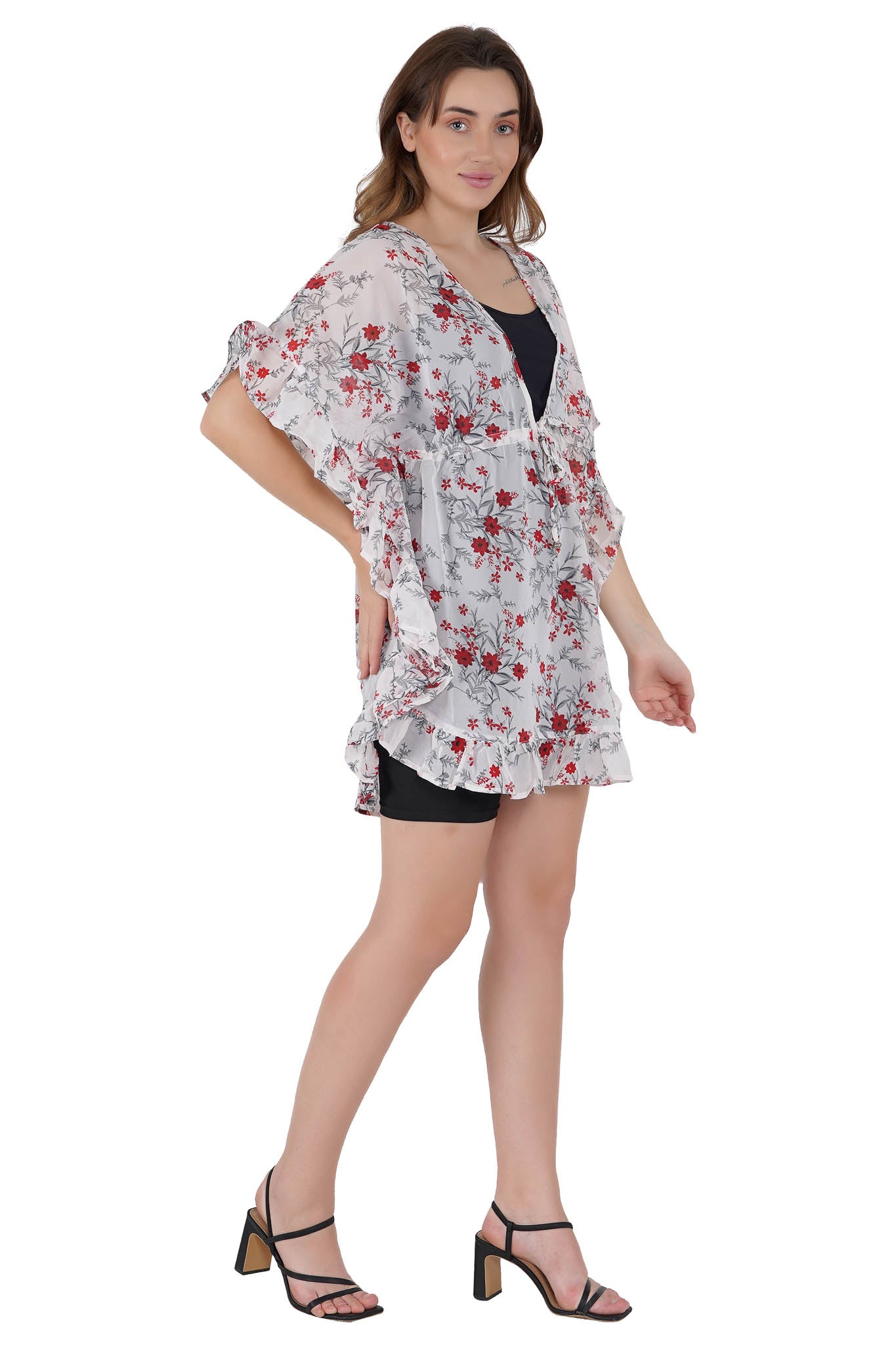 Red & White Floral Print Kaftan Swim Cover-Up Beach Dress