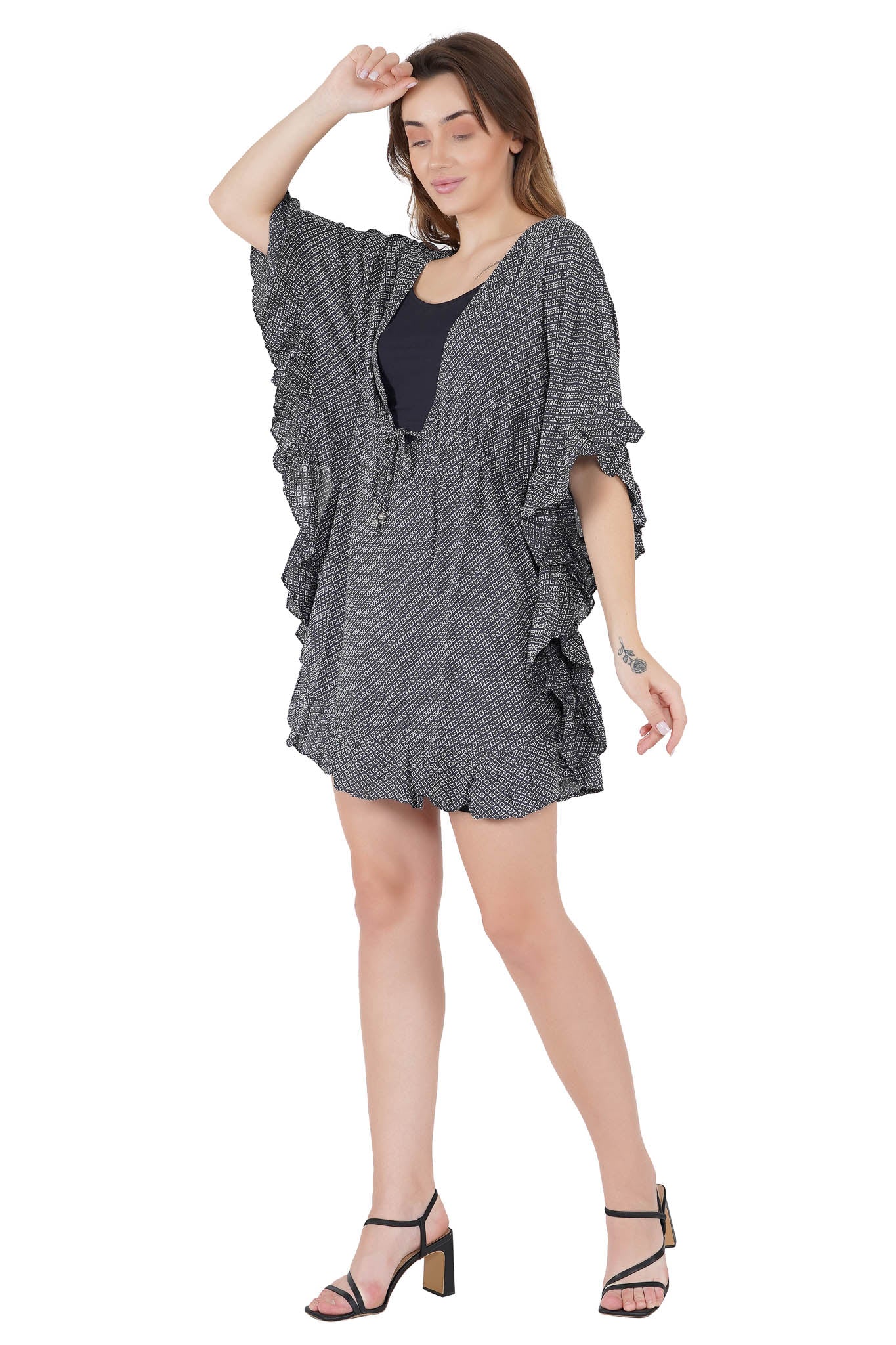 Black Diamond Print Kaftan Swim Cover-Up Beach Dress