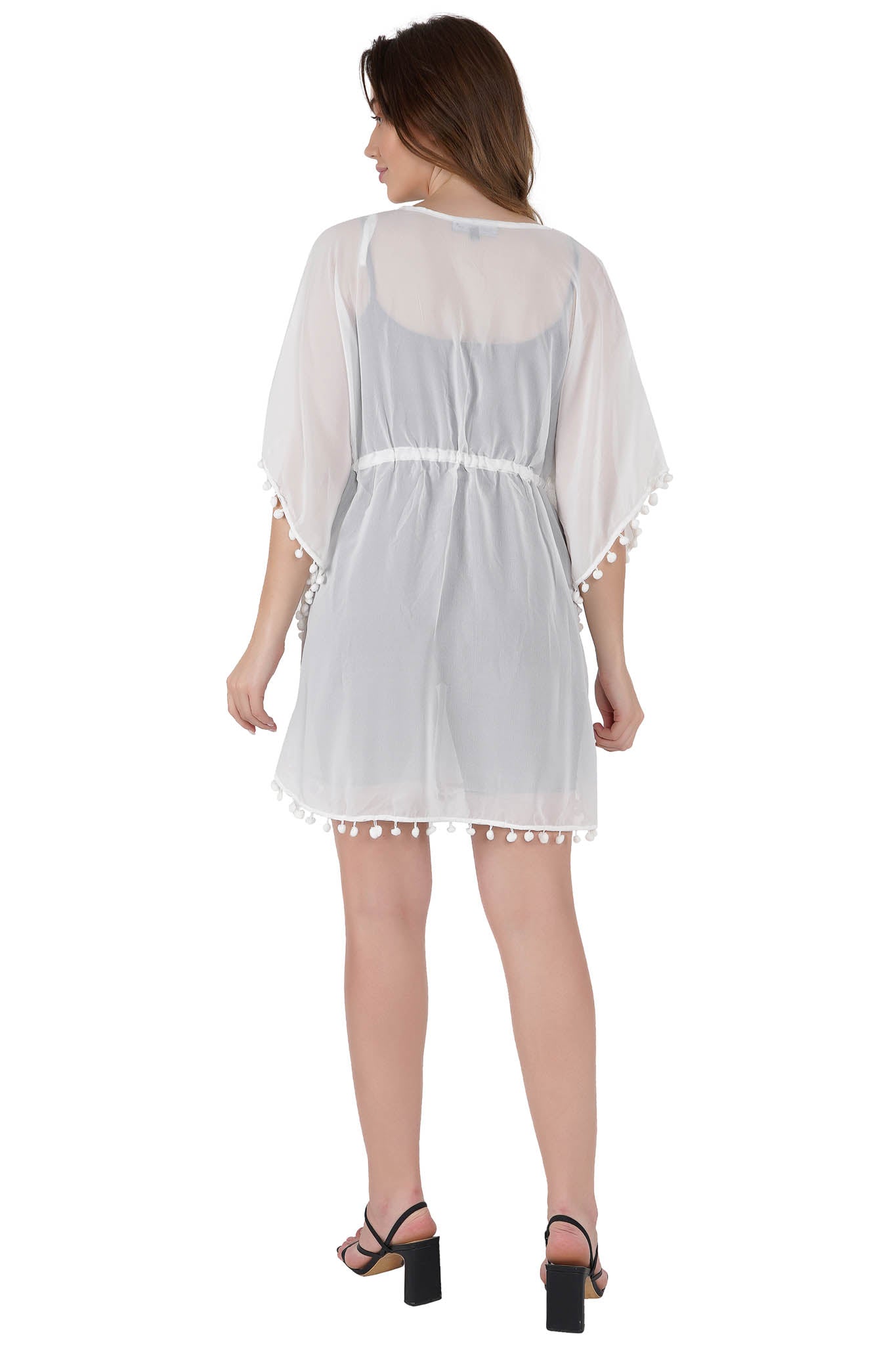 White Pom-Pom Kaftan Swim Cover-Up Beach Dress