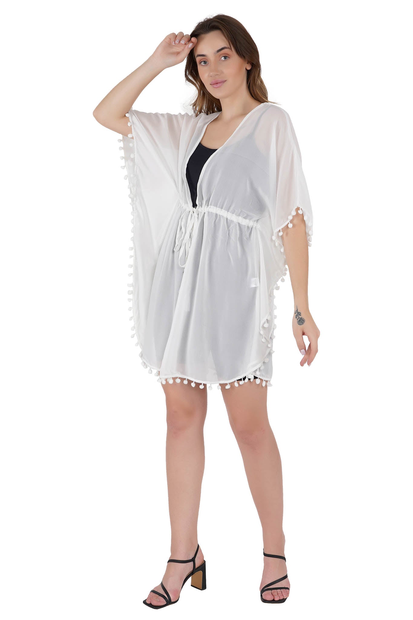 White Pom-Pom Kaftan Swim Cover-Up Beach Dress