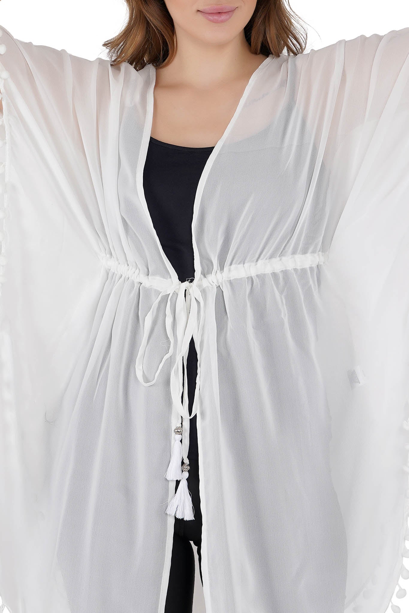 White Pom-Pom Kaftan Swim Cover-Up Beach Dress