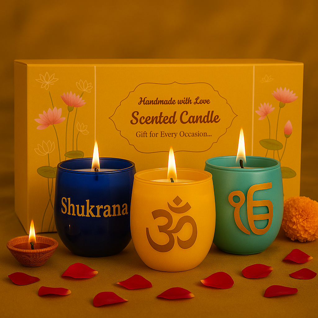 Three lit scented candles in blue, yellow, and green with 'Shukrana' and 'Om' symbols, in front of a yellow box labeled 'Scented Candle'.