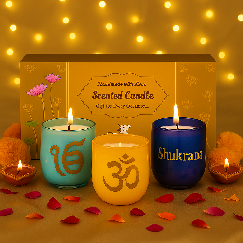 Four scented candles in different colors with decorative elements on a warm background