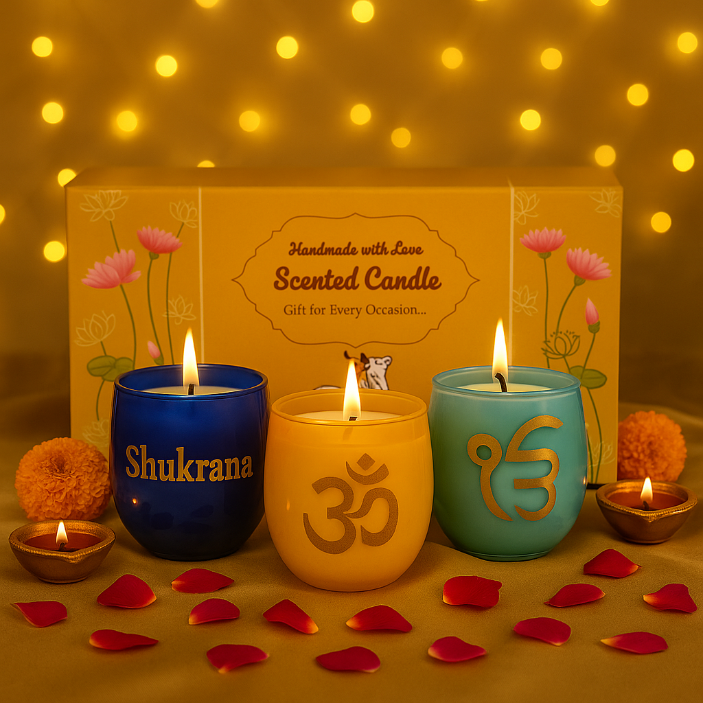Three scented candles with 'Shukrana' and 'Om' symbols in front of a decorative box with candles on a yellow background.