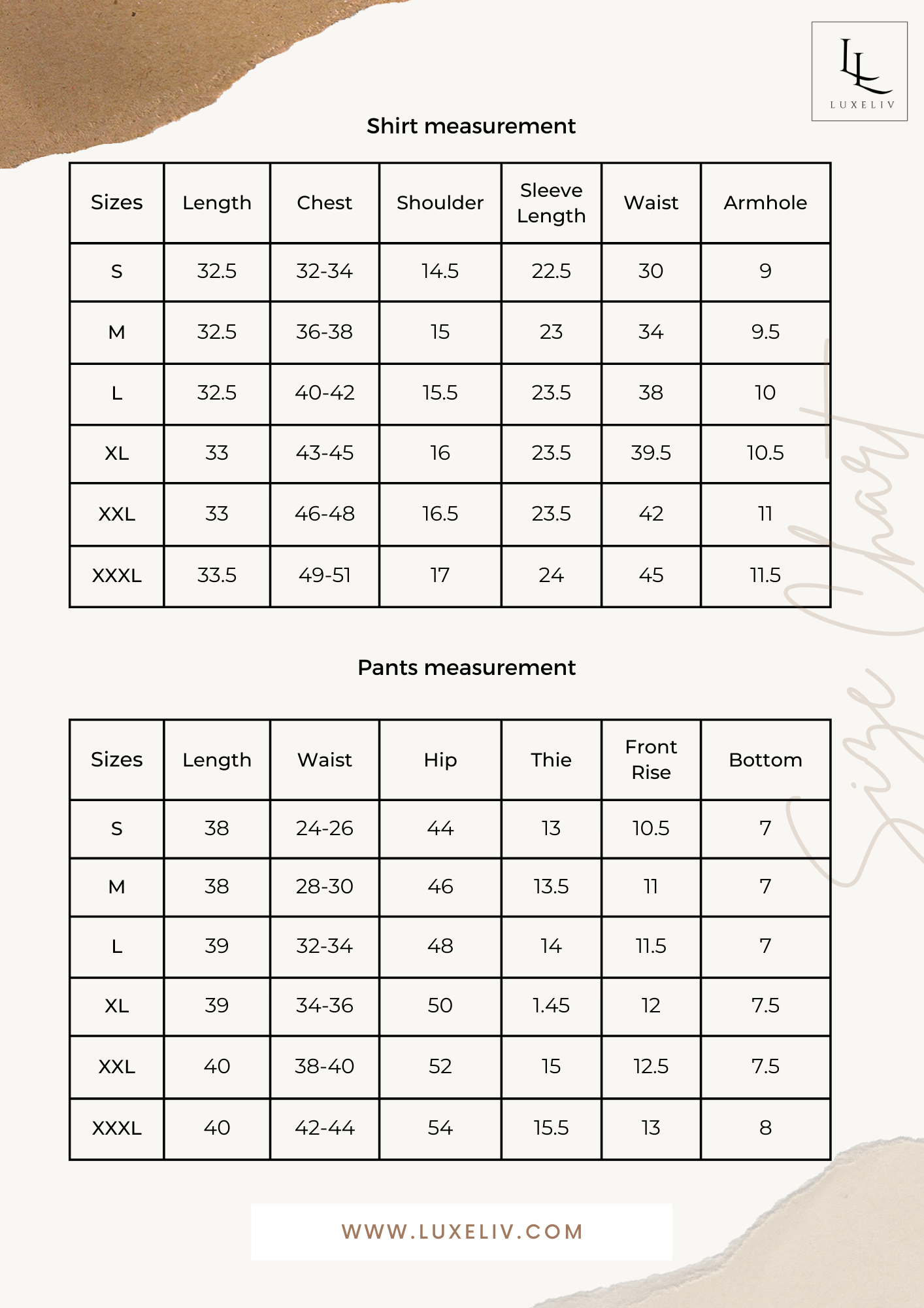Liv best sale size chart