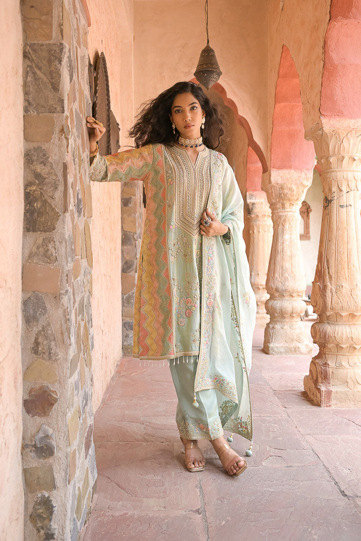 Mint Mehfil | Pastel Embroidered Suit Set By Ankhira