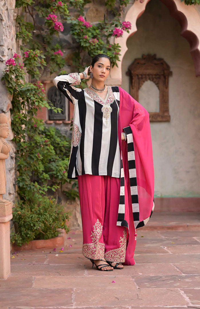 Gulabooo | Striped Embroidered Suit Set with Pink Dupatta By Ankhira