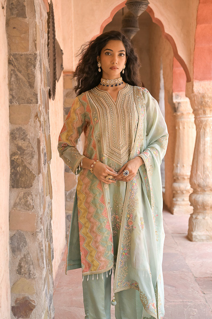 Mint Mehfil | Pastel Embroidered Suit Set By Ankhira