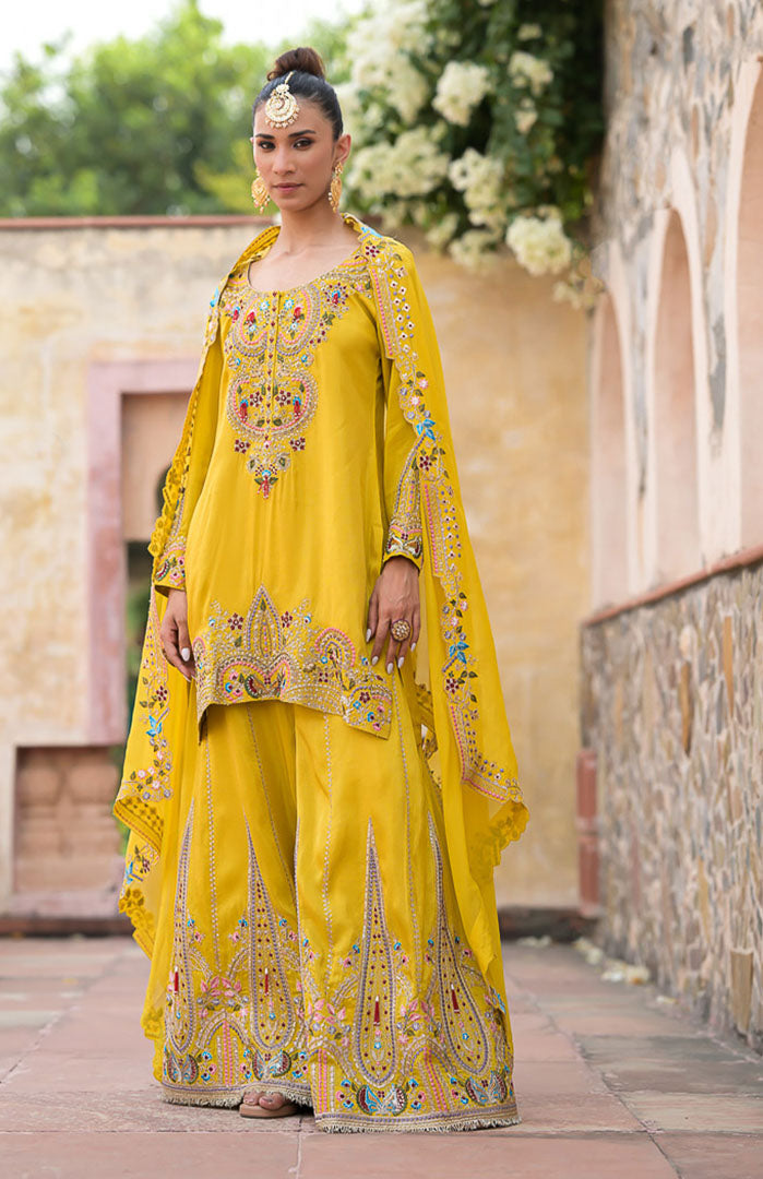 Haldi Begum | Yellow Embroidered Suit Set By Ankhira