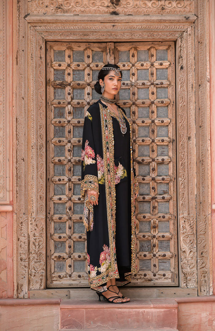 Black Gulaboo | Black Floral Embroidered Long Cape Jacket Set Suit By Ankhira