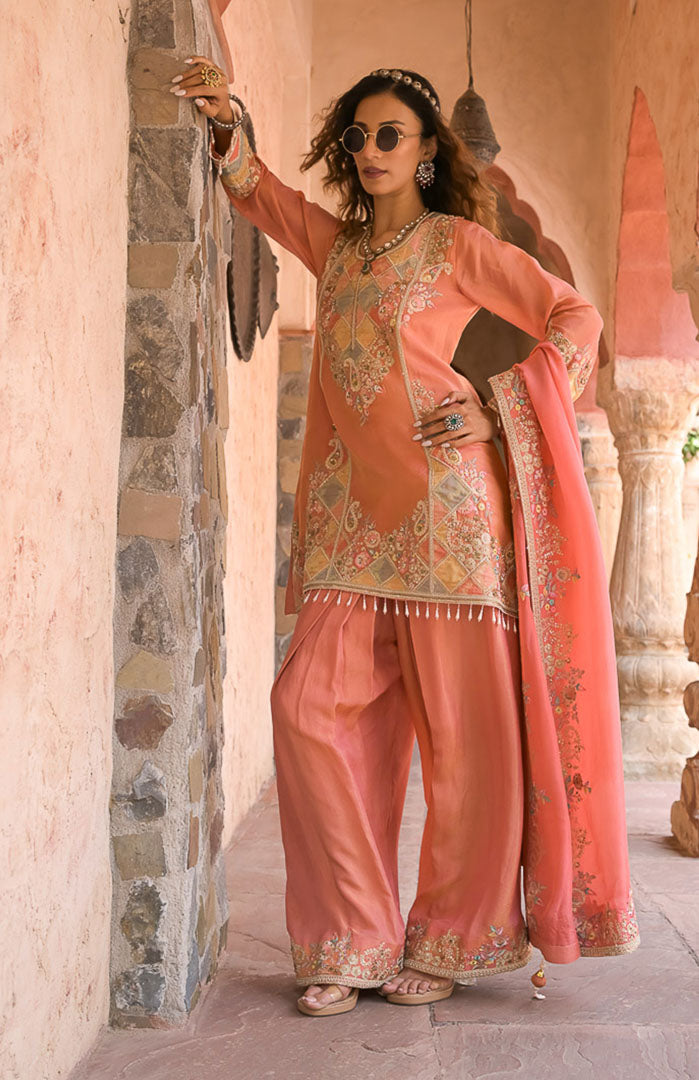 Peach Mehfil | Embroidered Suit Set By Ankhira