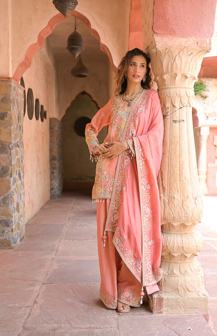Peach Mehfil | Embroidered Suit Set By Ankhira