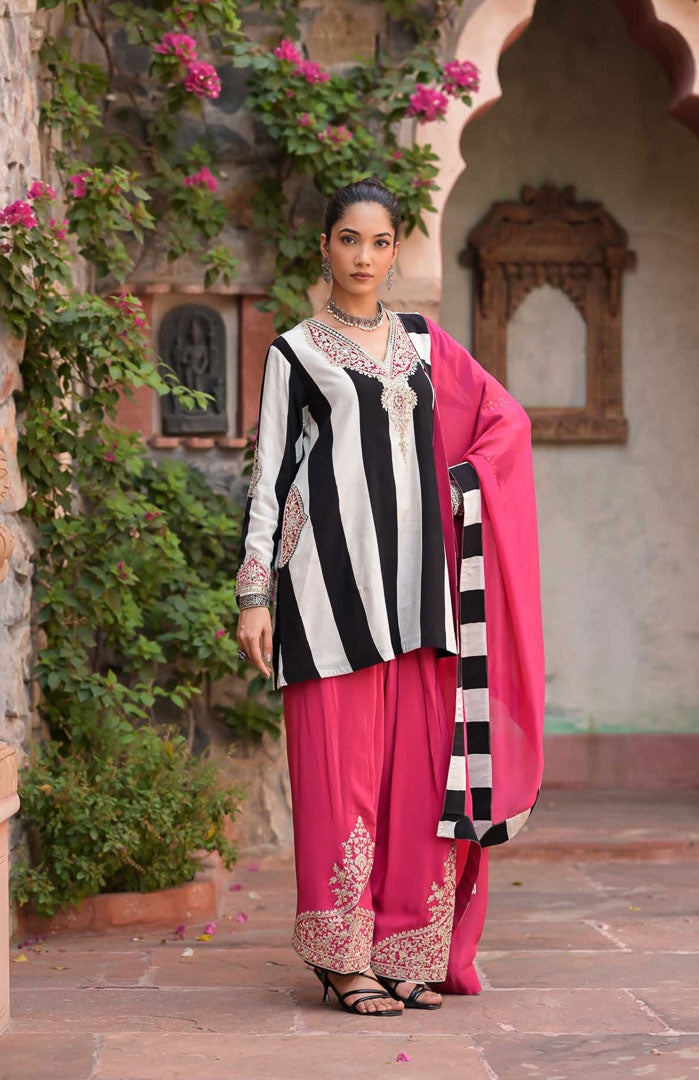 Gulabooo | Striped Embroidered Suit Set with Pink Dupatta By Ankhira