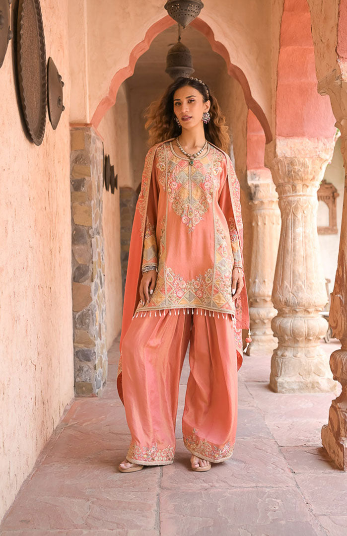 Peach Mehfil | Embroidered Suit Set By Ankhira