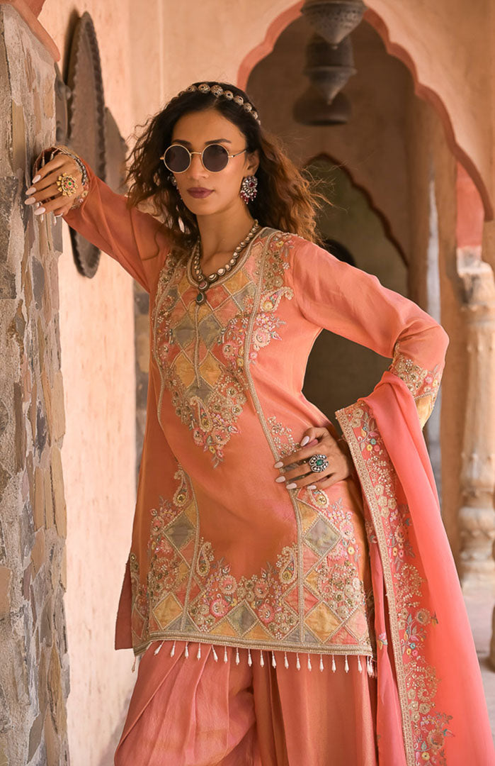 Peach Mehfil | Embroidered Suit Set By Ankhira