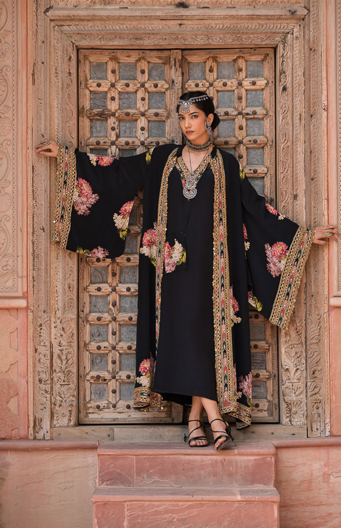 Black Gulaboo | Black Floral Embroidered Long Cape Jacket Set Suit By Ankhira