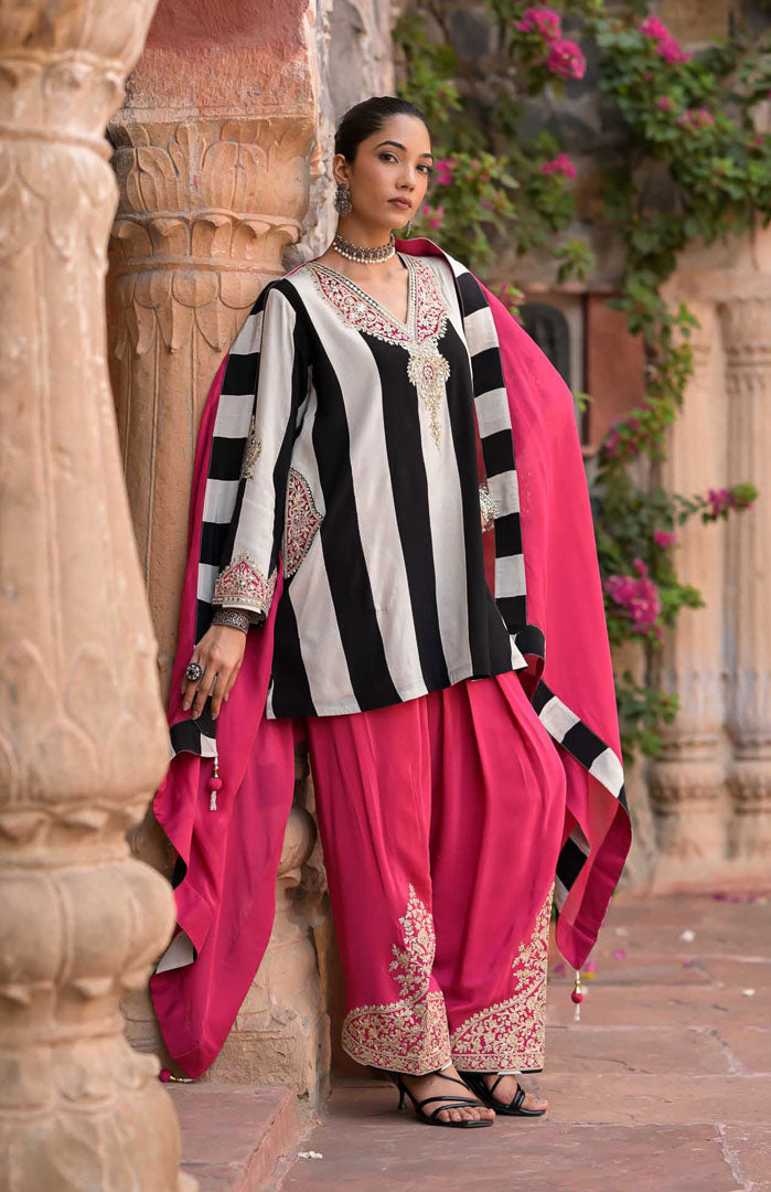 Gulabooo | Striped Embroidered Suit Set with Pink Dupatta By Ankhira