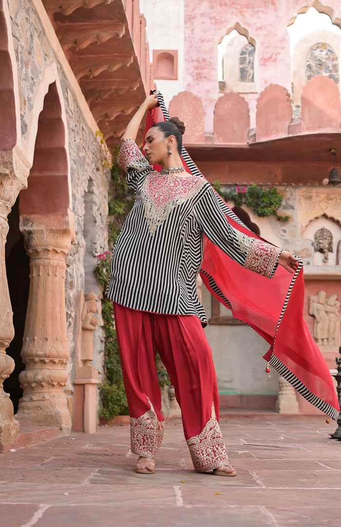 Laal Gulaboo | Striped Embroidered Suit Set By Ankhira